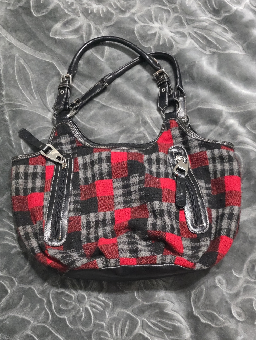 Rosetta Plaid Red and Black Tote Bag with Leather Accents